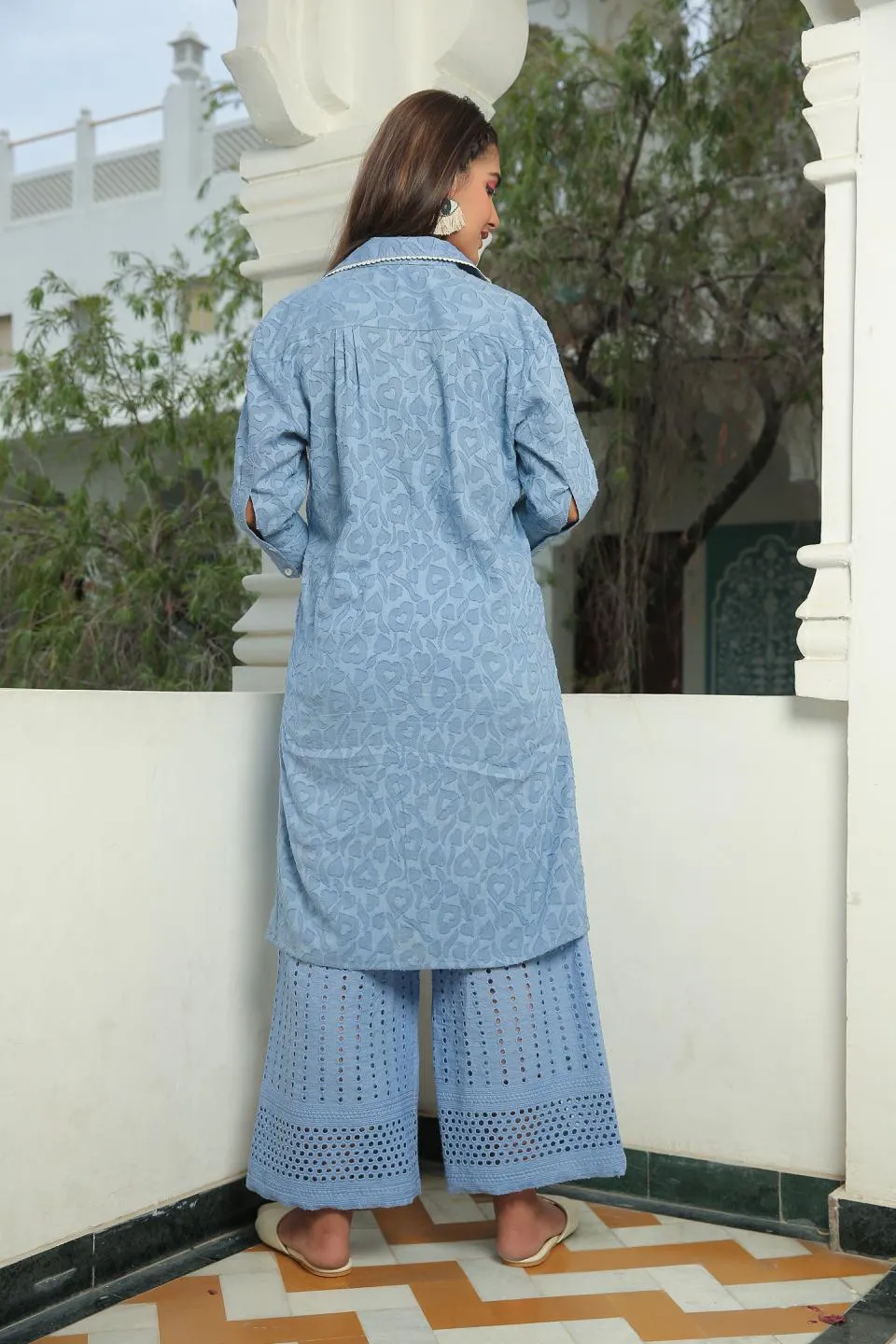 Airy Blue Shirt Kurta With Flared Pant Set