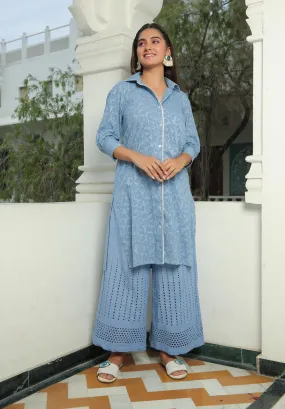 Airy Blue Shirt Kurta With Flared Pant Set