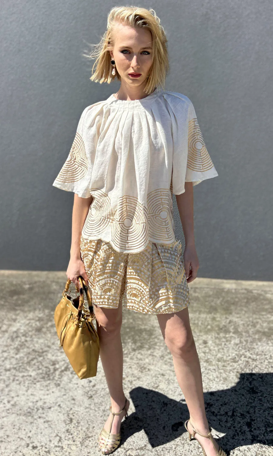 Archaic Kori Embroid Gold Circle Pleat Top
