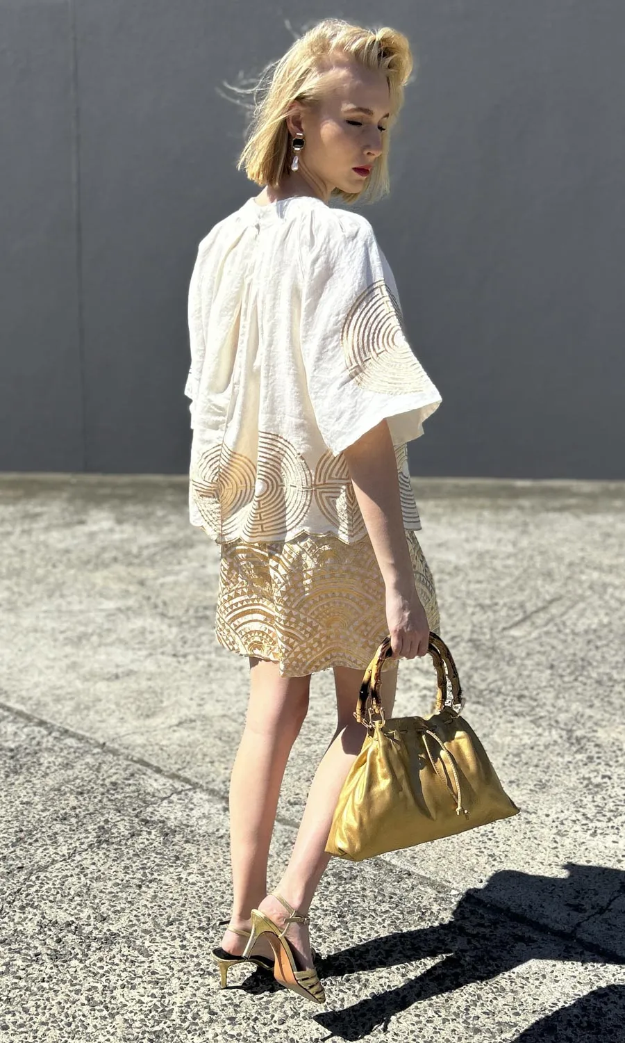 Archaic Kori Embroid Gold Circle Pleat Top