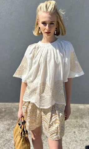 Archaic Kori Embroid Gold Circle Pleat Top