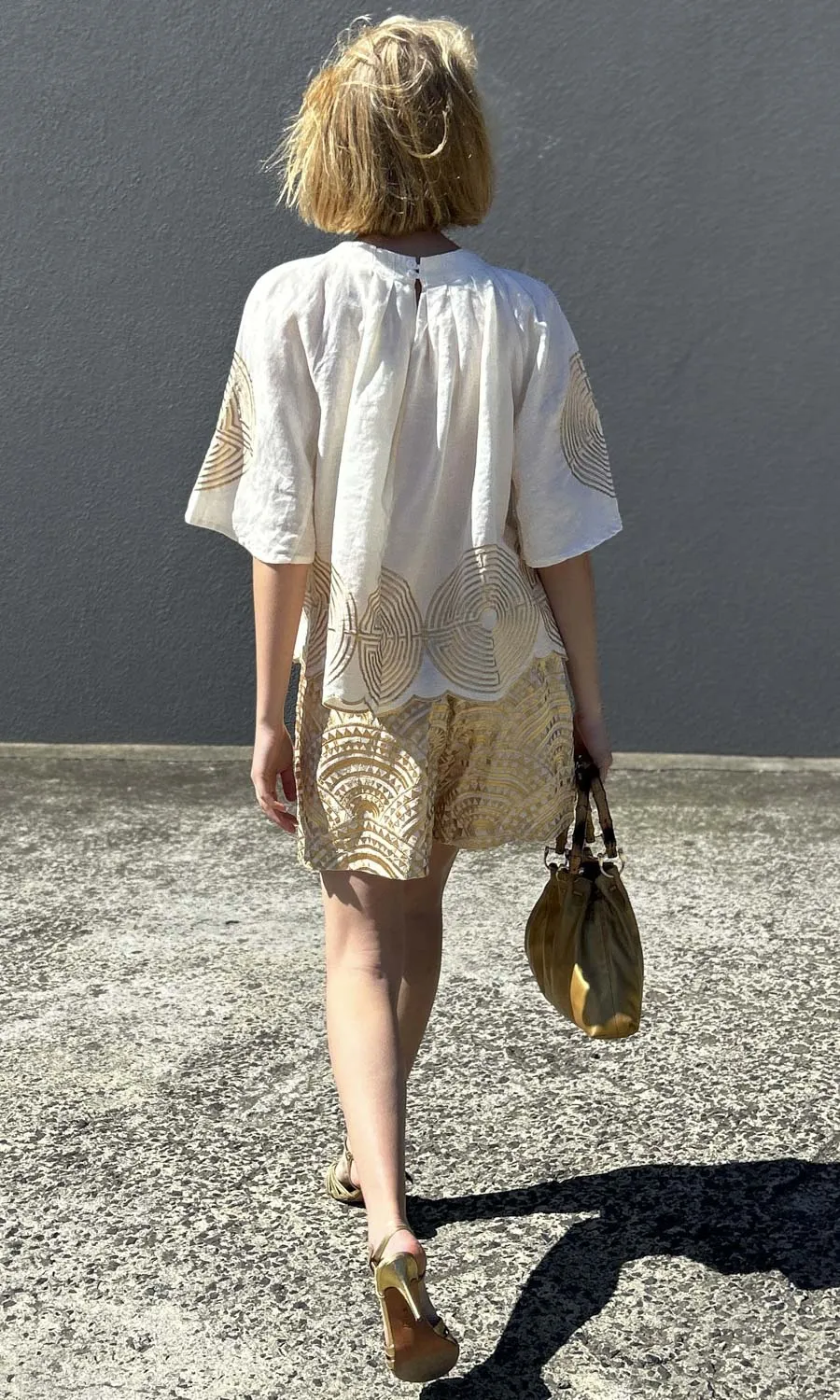 Archaic Kori Embroid Gold Circle Pleat Top