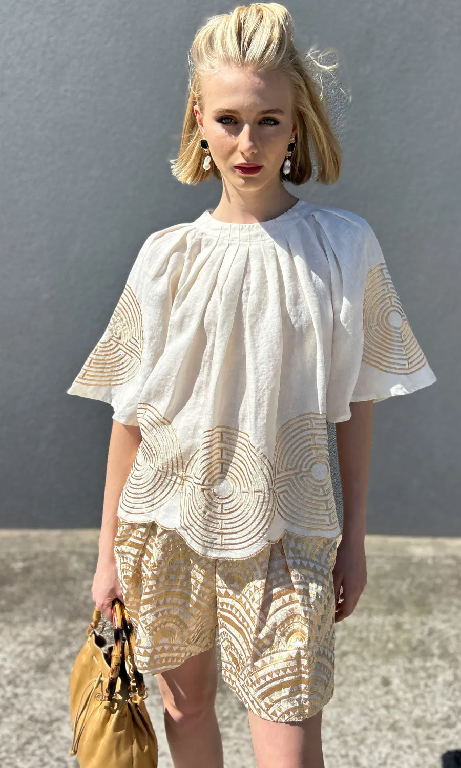 Archaic Kori Embroid Gold Circle Pleat Top
