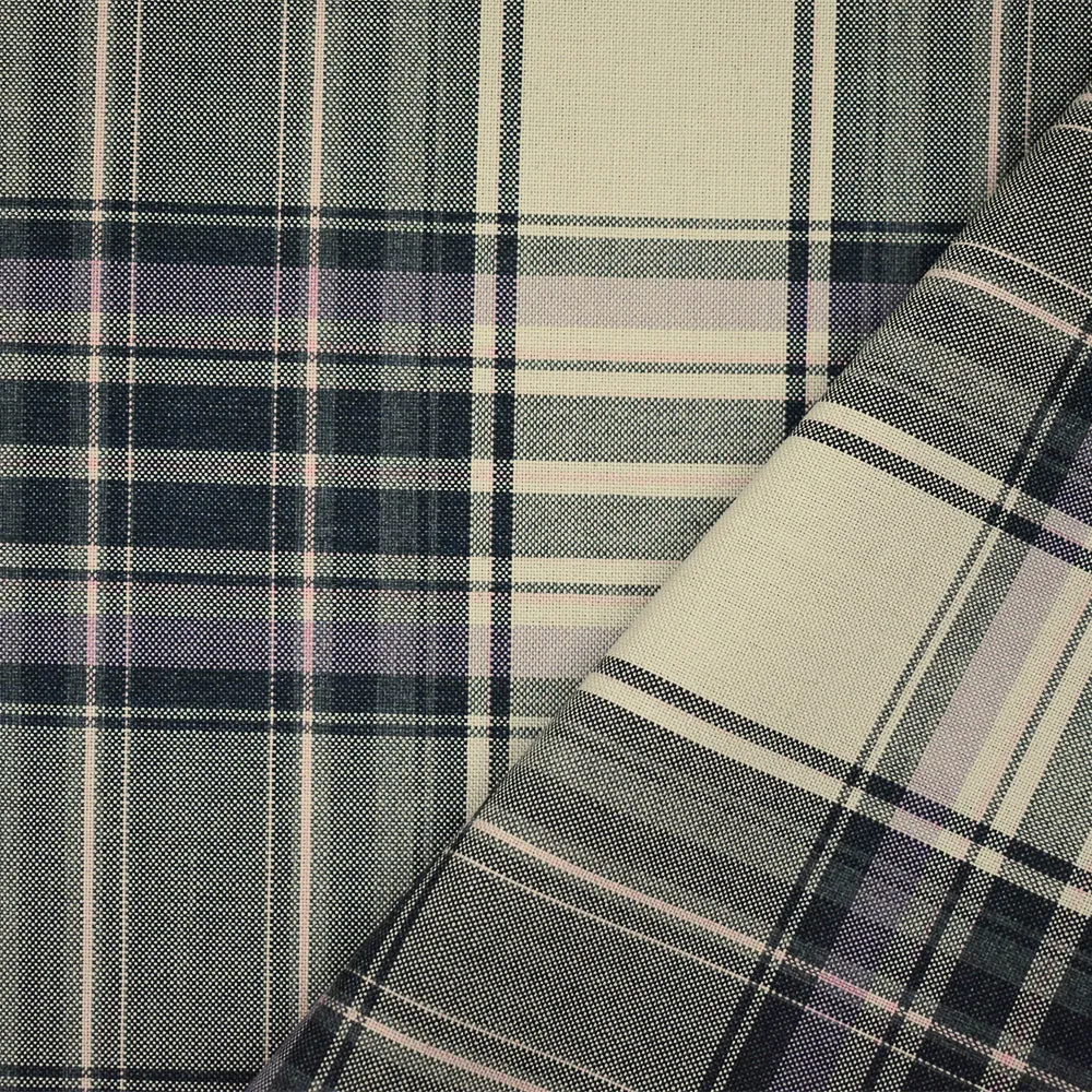 Beige-Pink-Black Polyester Wool Plaid Woven Shirting Fabric