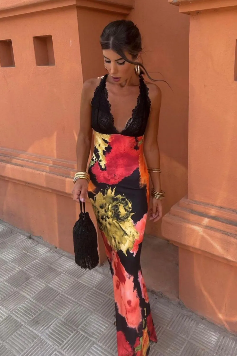 Bhodie red and yellow printed lace maxi dress