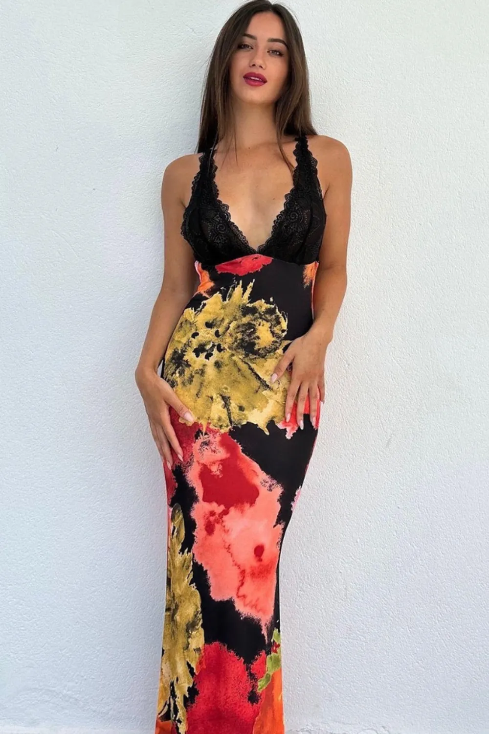 Bhodie red and yellow printed lace maxi dress