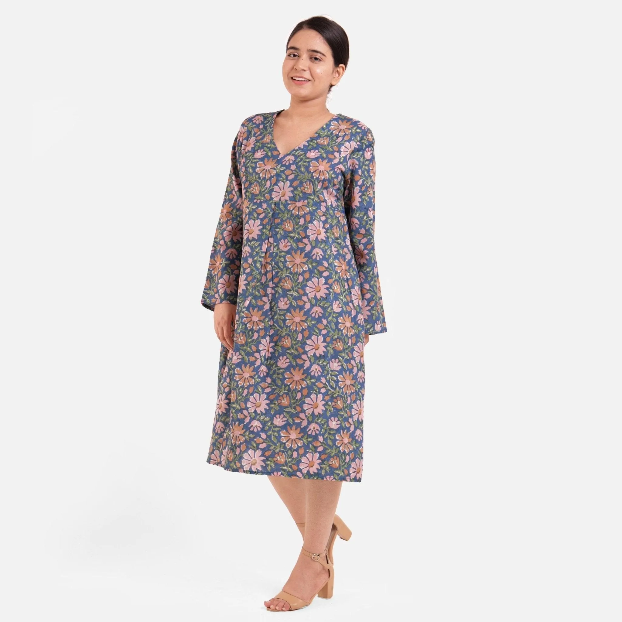 Blue Block Print Floral Cotton Maxi Dress