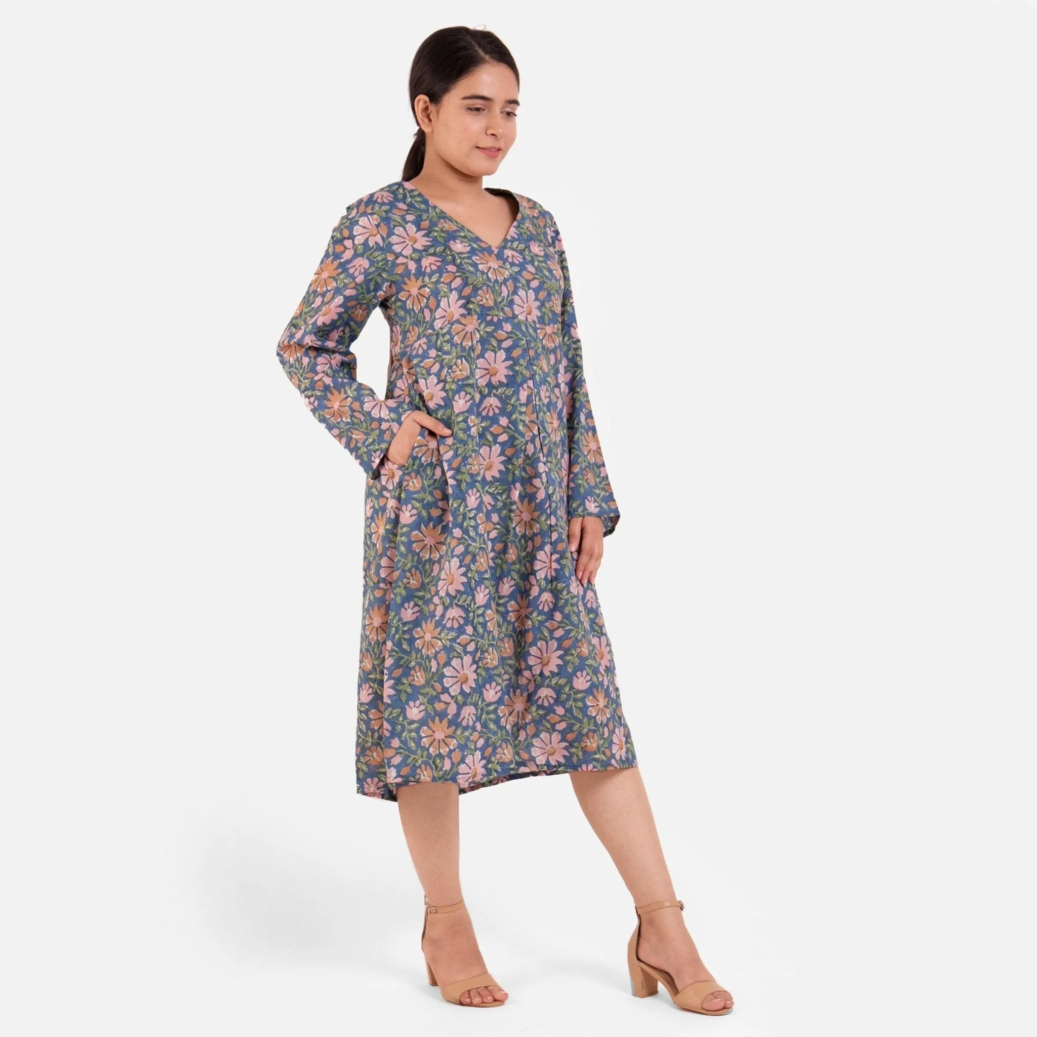Blue Block Print Floral Cotton Maxi Dress