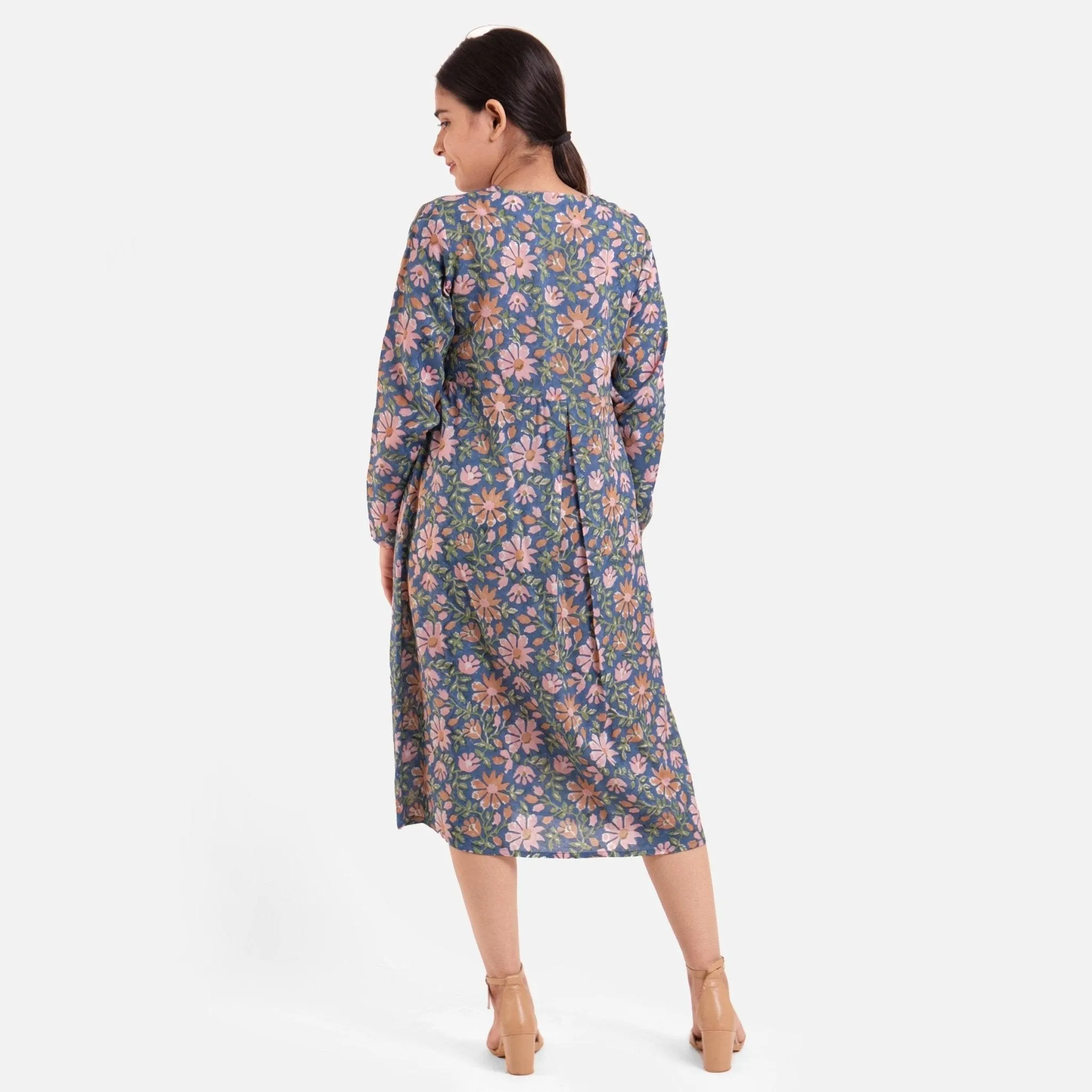 Blue Block Print Floral Cotton Maxi Dress