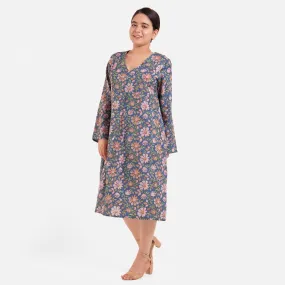 Blue Block Print Floral Cotton Maxi Dress