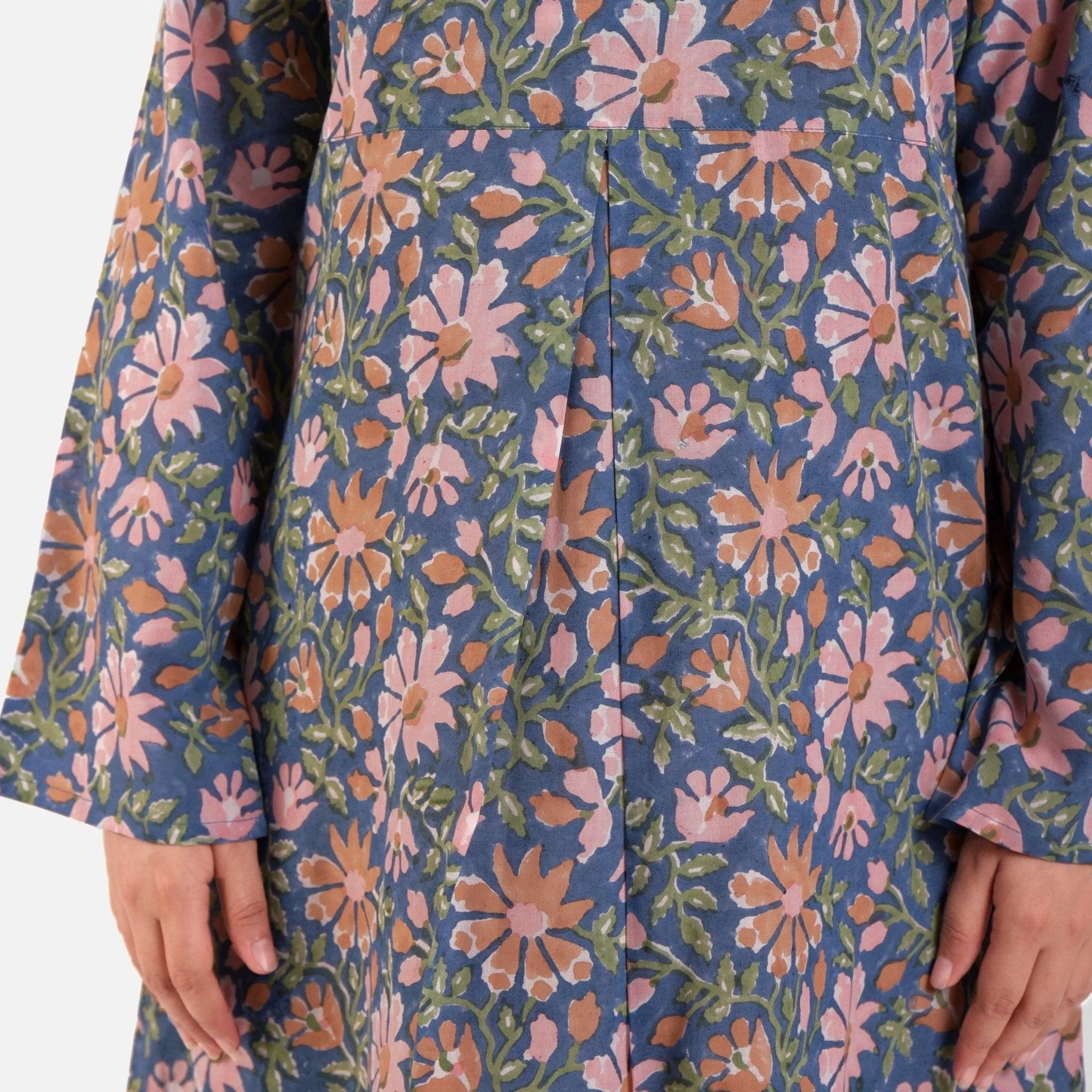 Blue Block Print Floral Cotton Maxi Dress