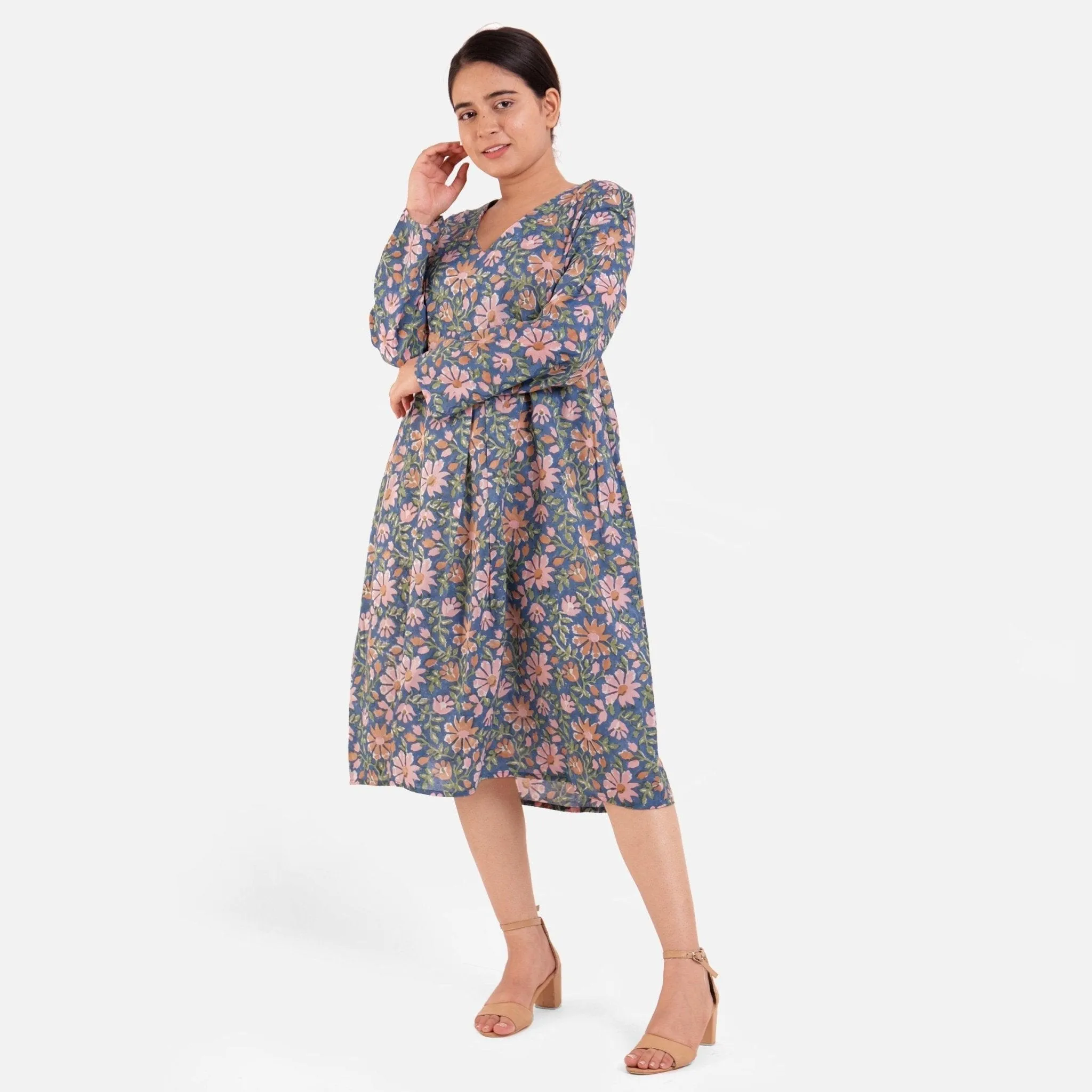 Blue Block Print Floral Cotton Maxi Dress
