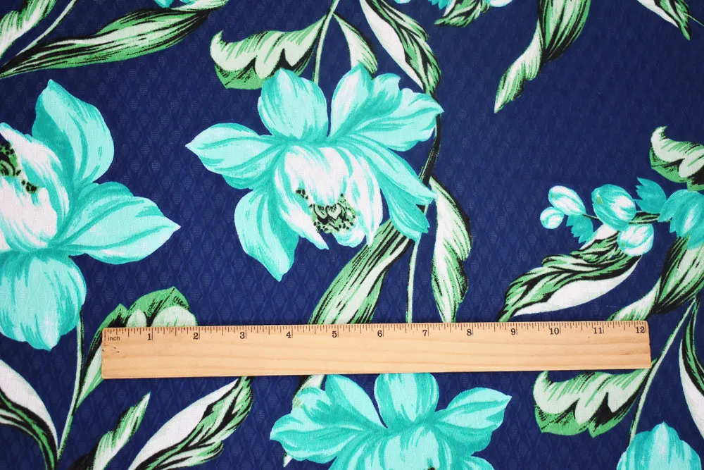 Blue-Green-Multi Floral Printed Ogee Texture Dobby Chiffon Woven Fabric
