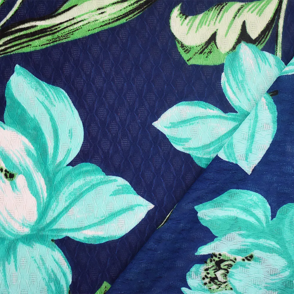 Blue-Green-Multi Floral Printed Ogee Texture Dobby Chiffon Woven Fabric