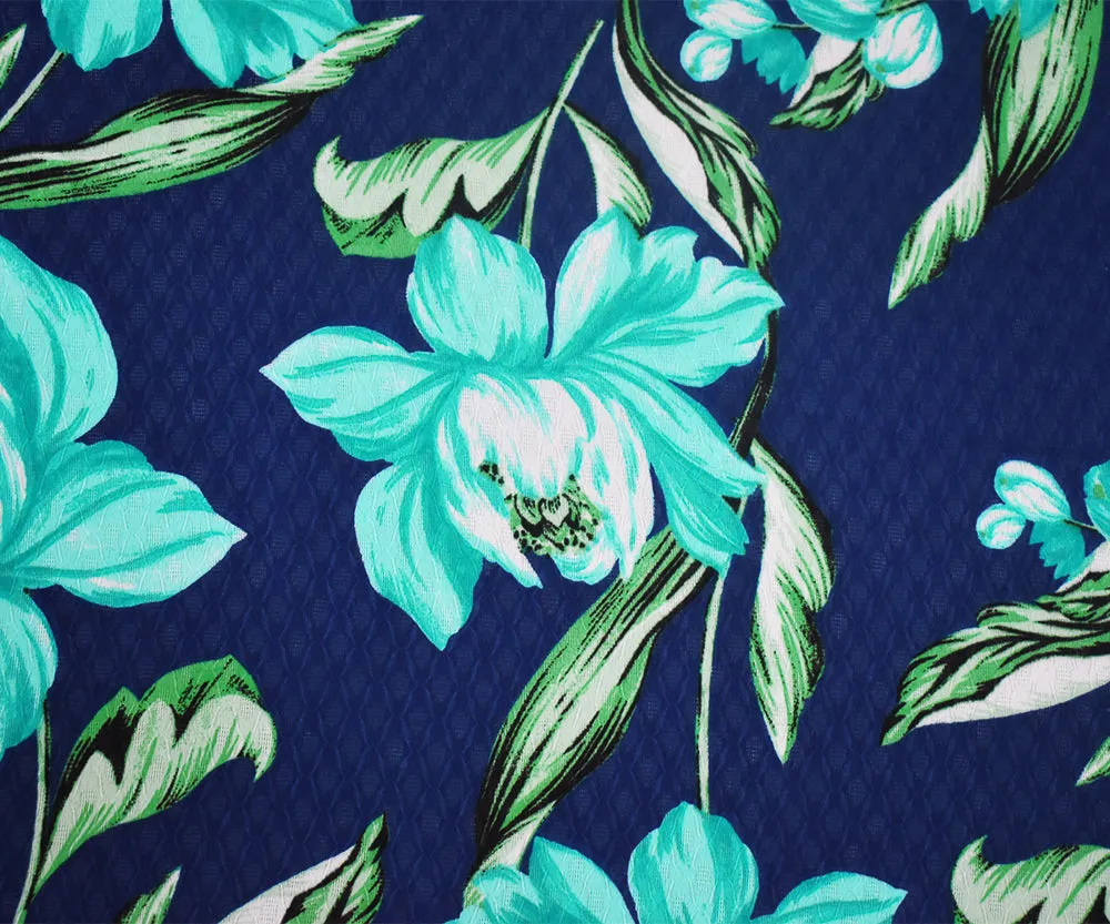 Blue-Green-Multi Floral Printed Ogee Texture Dobby Chiffon Woven Fabric