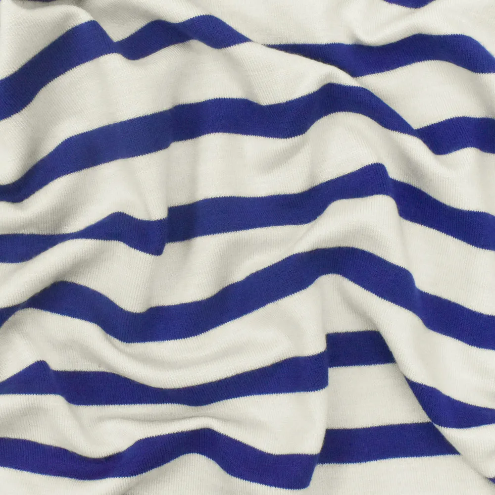 Blue-Ivory Stripe Stretch Spandex Rayon Modal Jersey Knit Fabric