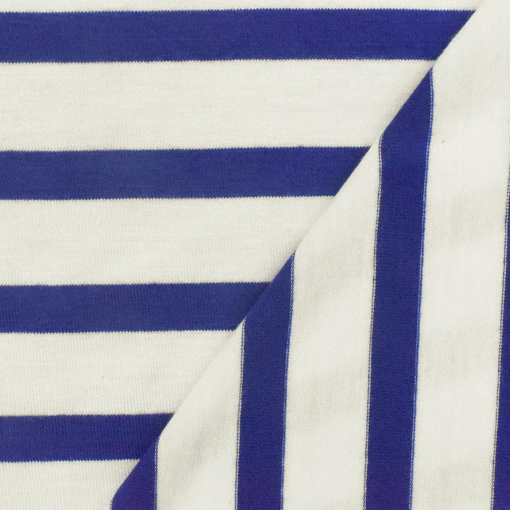 Blue-Ivory Stripe Stretch Spandex Rayon Modal Jersey Knit Fabric