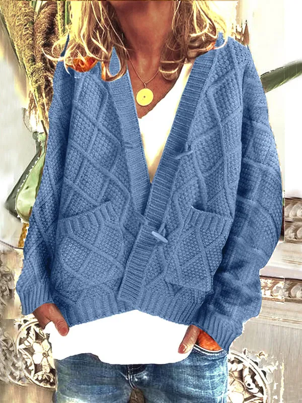 Blue Pockets Buttons Long Sleeve Oversize Cardigan Sweater
