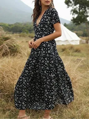 Bohemian Ruffled Floral V Neck Layer Maxi Dress