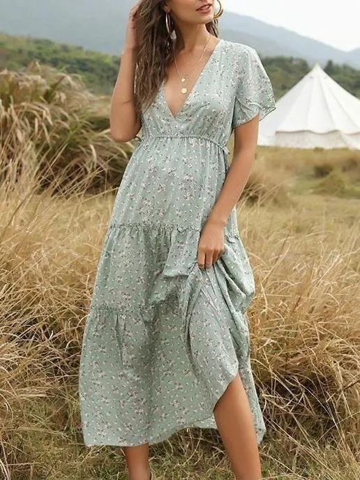 Bohemian Ruffled Floral V Neck Layer Maxi Dress