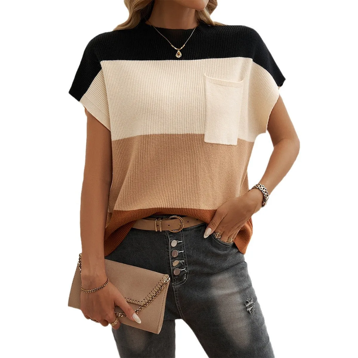 Casual Contrast Color Round Neck Short Sleeve Pullover Sweater Wholesale Womens Clothing N3824120600015