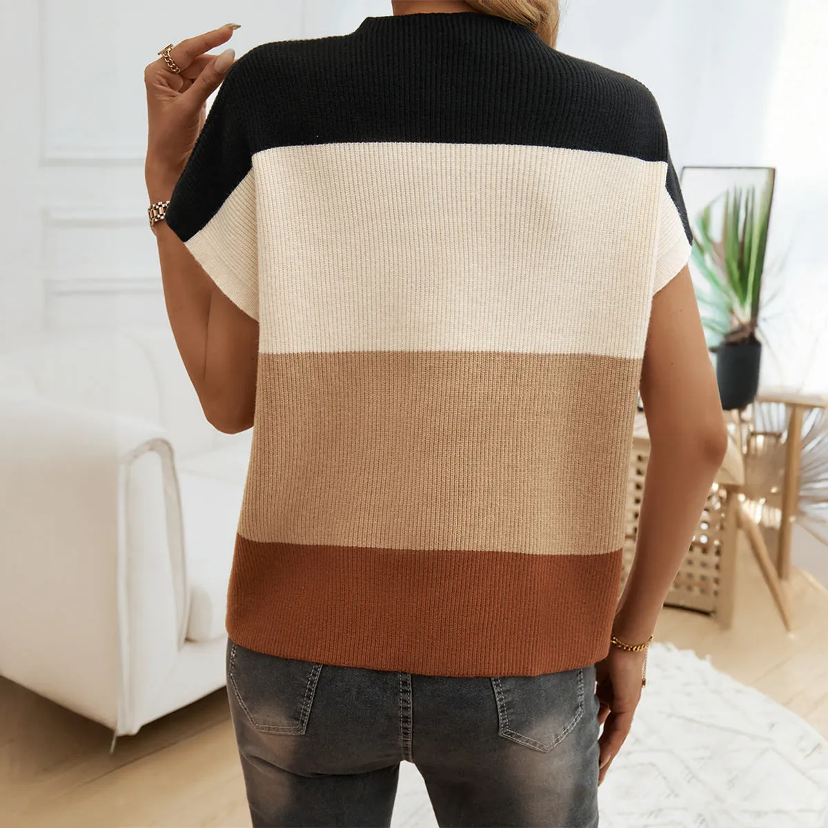 Casual Contrast Color Round Neck Short Sleeve Pullover Sweater Wholesale Womens Clothing N3824120600015