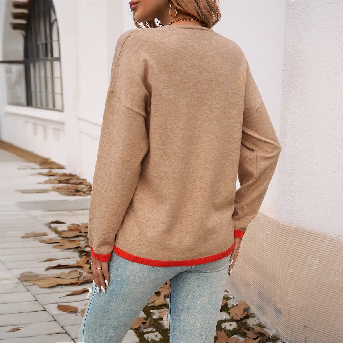 Casual Loose Pullover V-Neck Contrast Color Long Sleeve Sweater Wholesale Womens Clothing N3824120600008