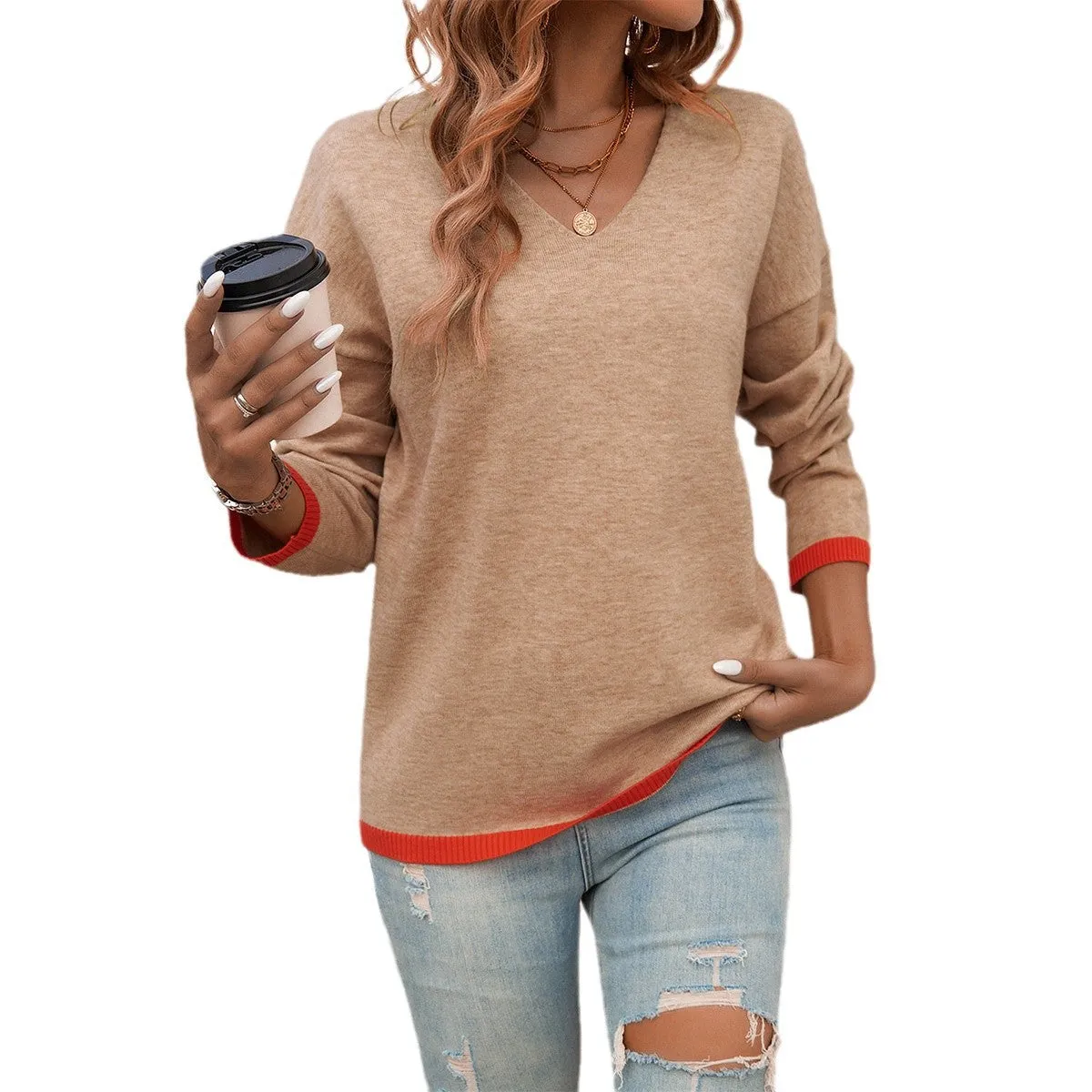 Casual Loose Pullover V-Neck Contrast Color Long Sleeve Sweater Wholesale Womens Clothing N3824120600008