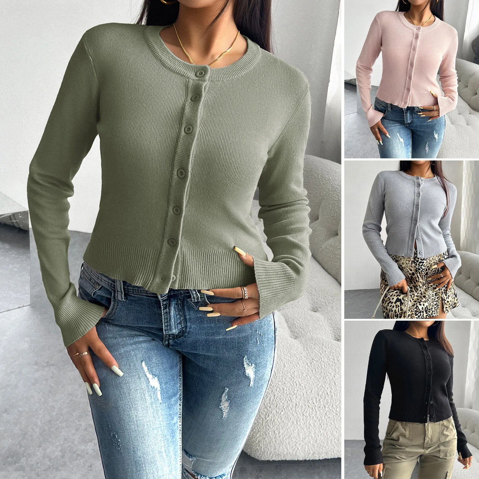 Casual Solid Color Cardigan Long Sleeve Sweater Wholesale Womens Clothing N3824080700058