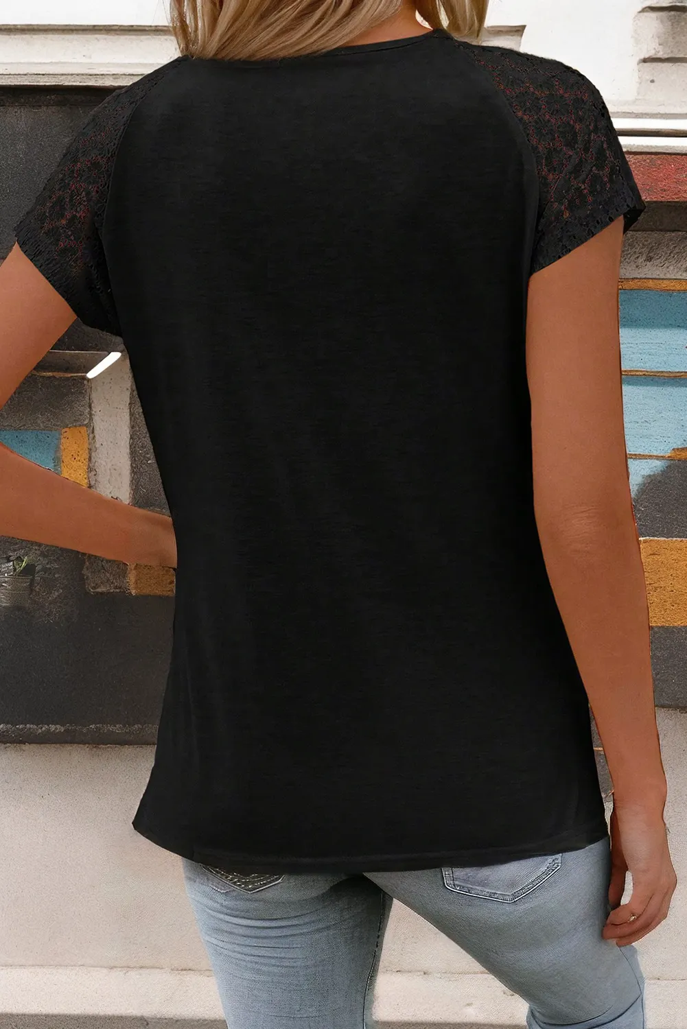 Catie - Lace Sleeve Keyhole Top - Black