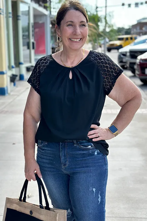 Catie - Lace Sleeve Keyhole Top - Black