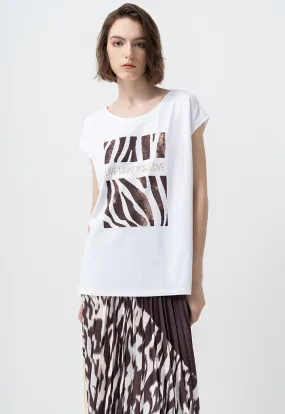 Choice Printed Motif Cap Sleeves T-Shirt Off White