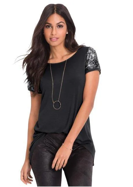 Clearence Sequins Short Sleeve Patchwork Scoop Irregular T-shirt
