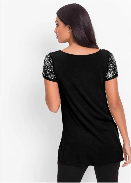 Clearence Sequins Short Sleeve Patchwork Scoop Irregular T-shirt