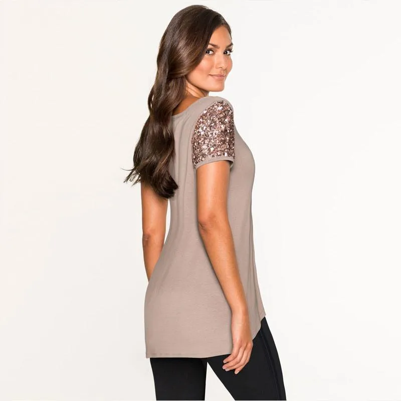 Clearence Sequins Short Sleeve Patchwork Scoop Irregular T-shirt