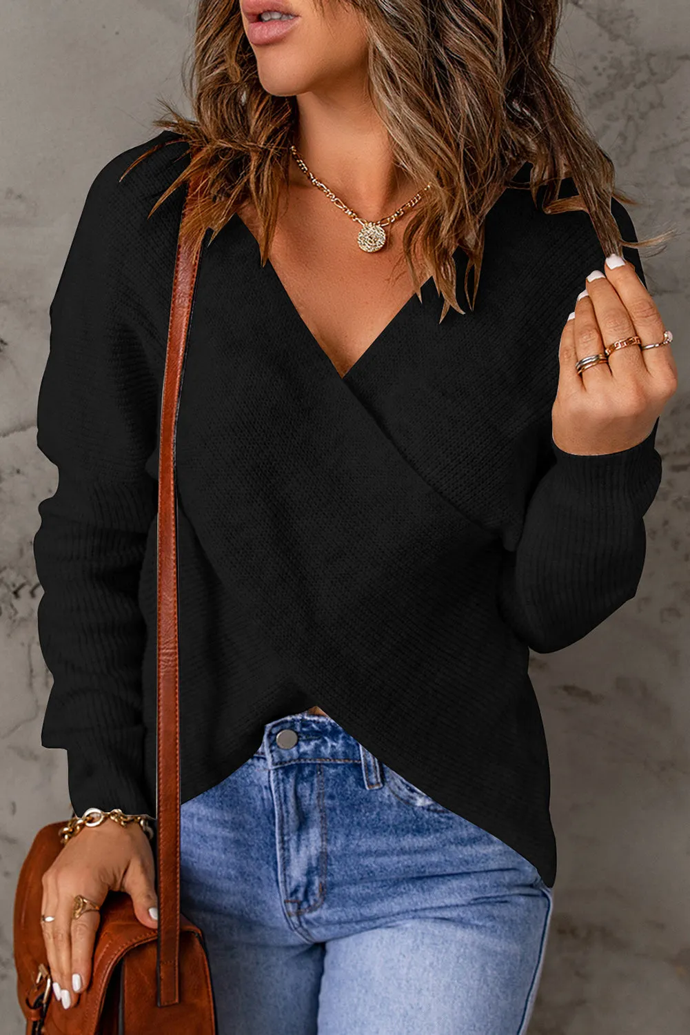 Criss Cross Wrap Plunging Neck Sweater