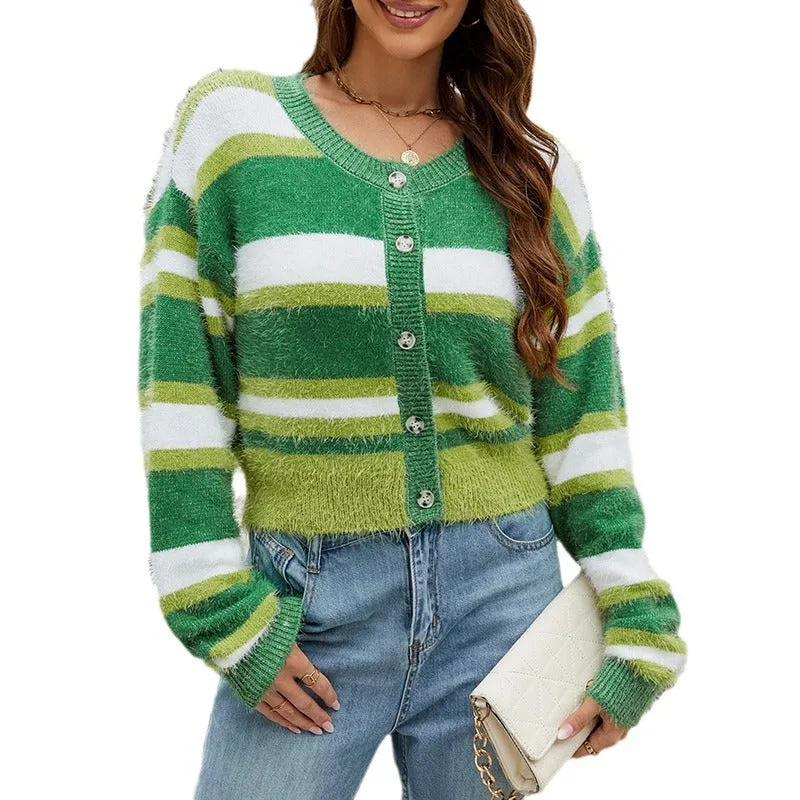 Cropped Knit Cardigan Round Neck Striped Contrast Sweater Wholesale Womens Clothing N3824091200151