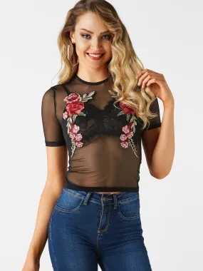 Custom Round Neck Embroidered Short Sleeve Bodycon Hem Black Top