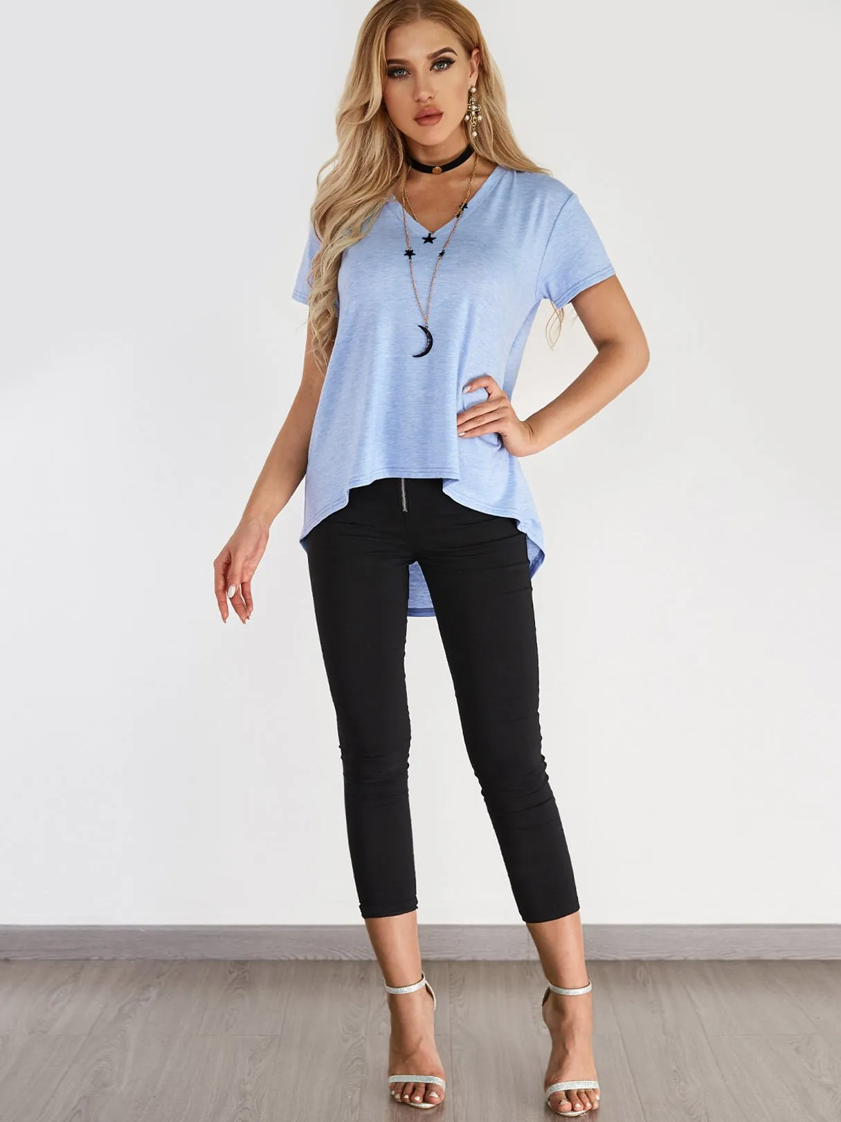 Custom V-Neck Plain Cut Out Short Sleeve Curved Hem Blue T-Shirts