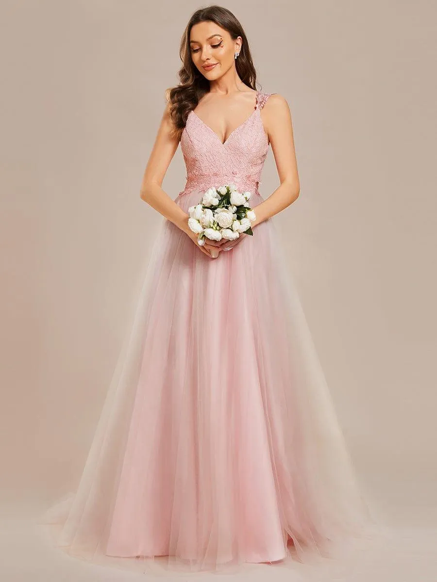 Double V Neck Lace Bodice Open Back Tulle Wedding Dress