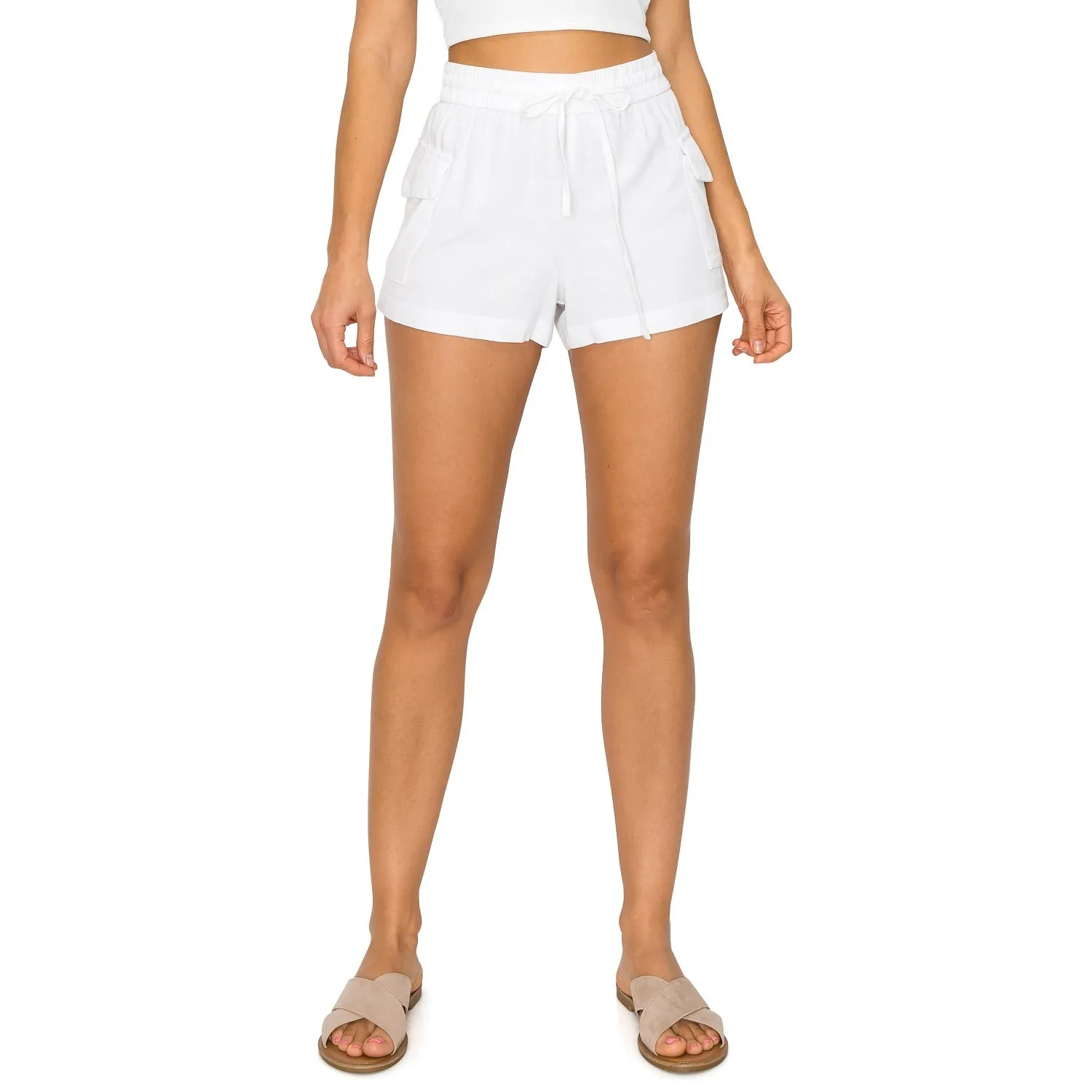 Drawstring Cargo Linen Shorts - White