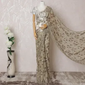 Gold, brown Premium pure French metallic chantilly lace saree having stone work in floral design-D14559