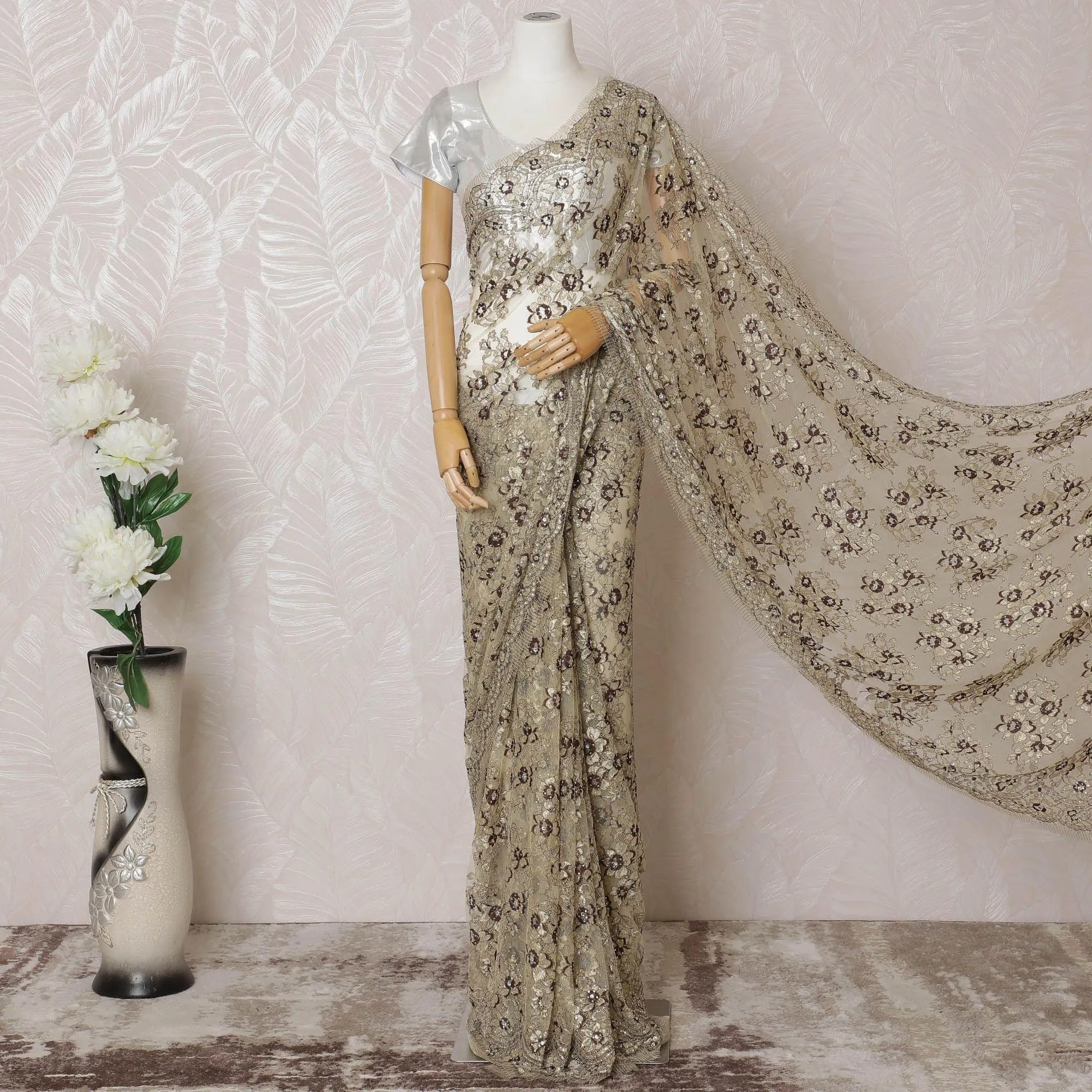 Gold, brown Premium pure French metallic chantilly lace saree having stone work in floral design-D14559