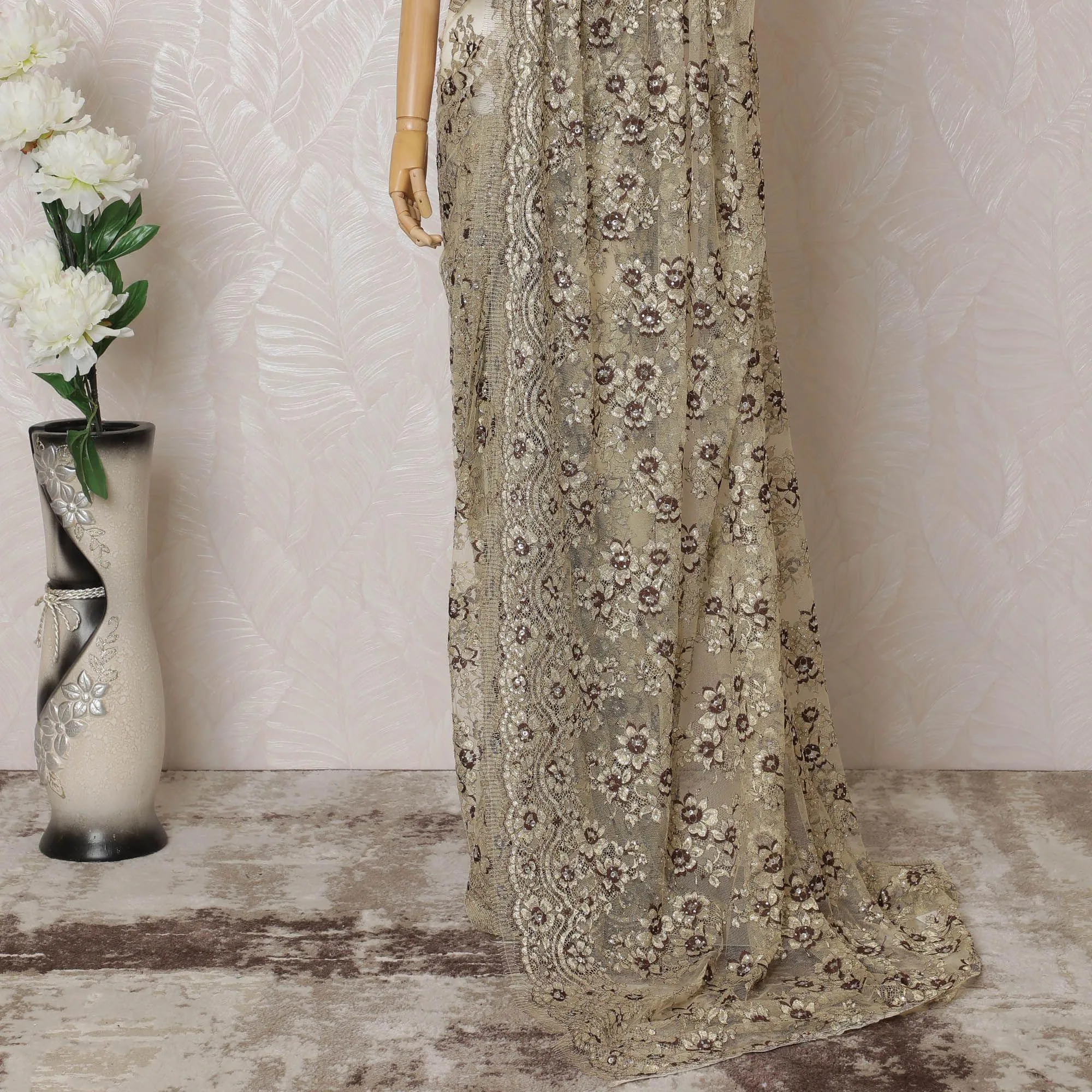 Gold, brown Premium pure French metallic chantilly lace saree having stone work in floral design-D14559
