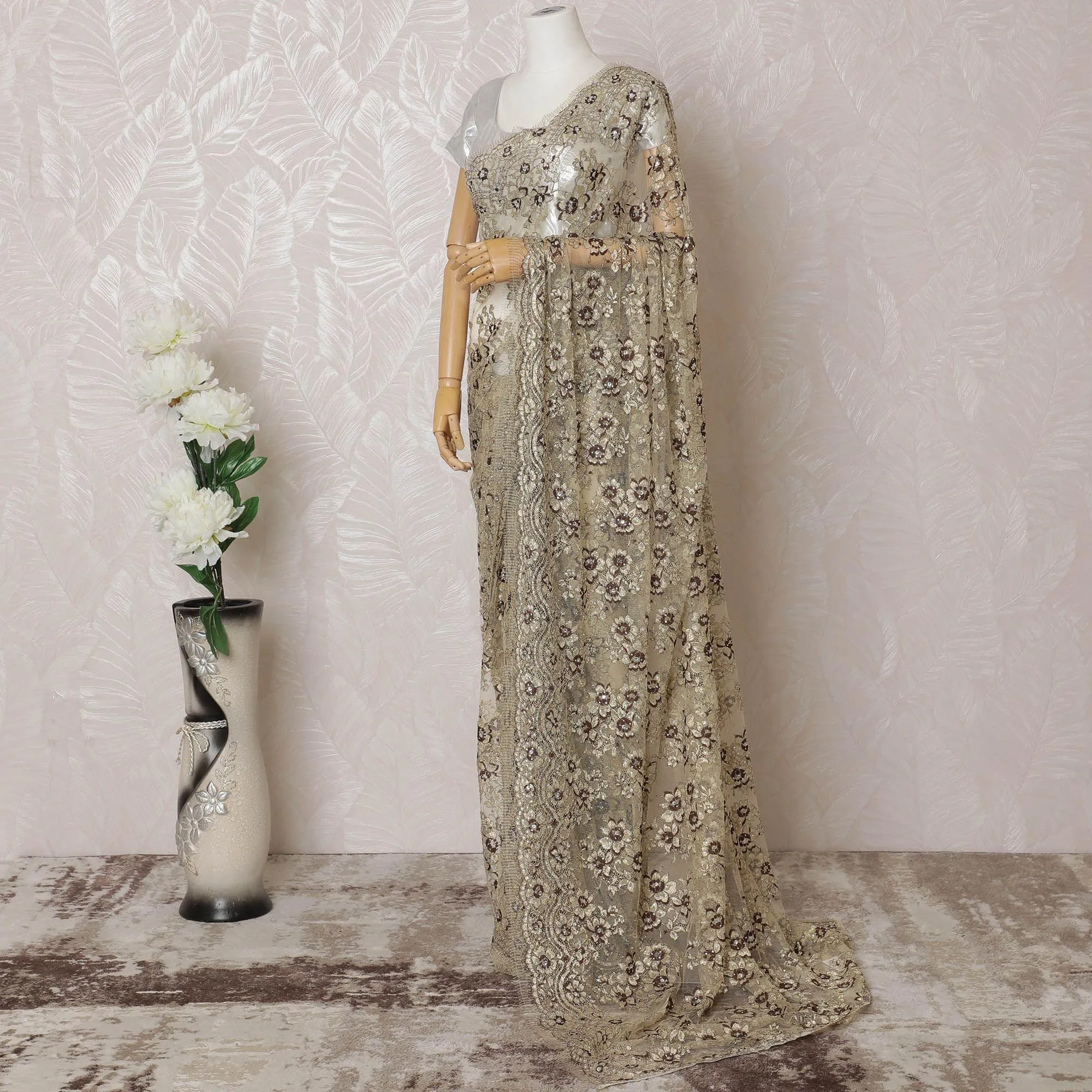 Gold, brown Premium pure French metallic chantilly lace saree having stone work in floral design-D14559