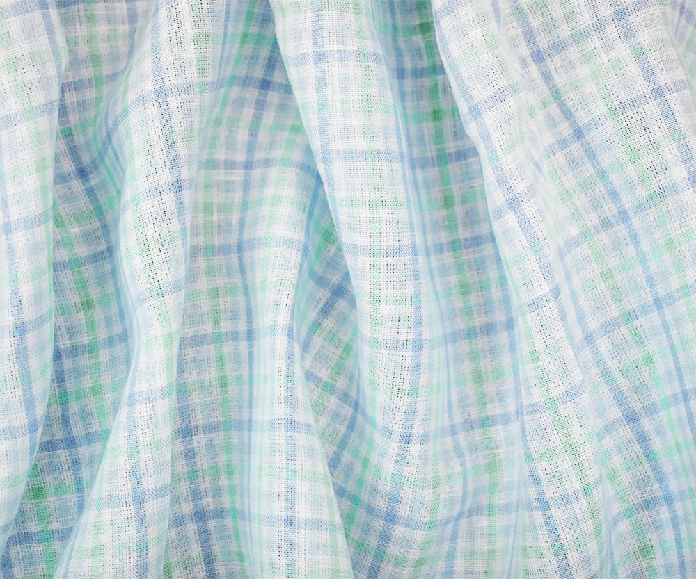 Green-Blue-White Spence Bryson Gingham Check Linen Woven Fabric