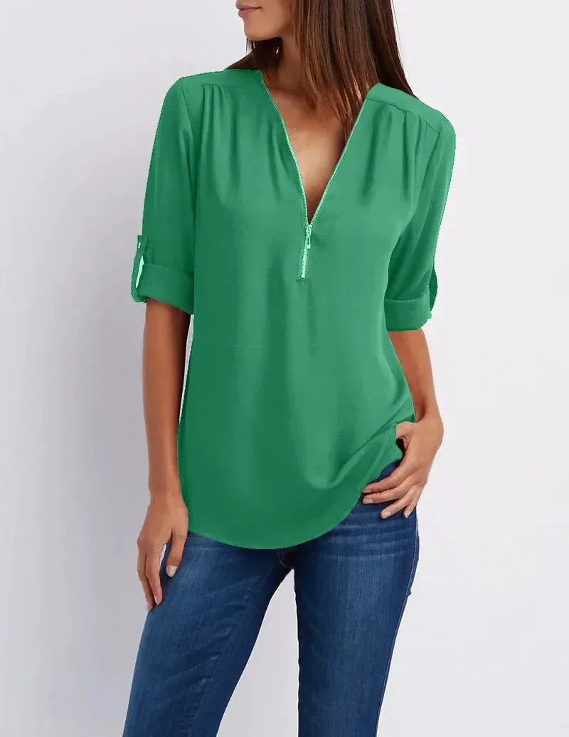 Ivyshape | Casual V-Neck Front Zip-Up Blouse for Women