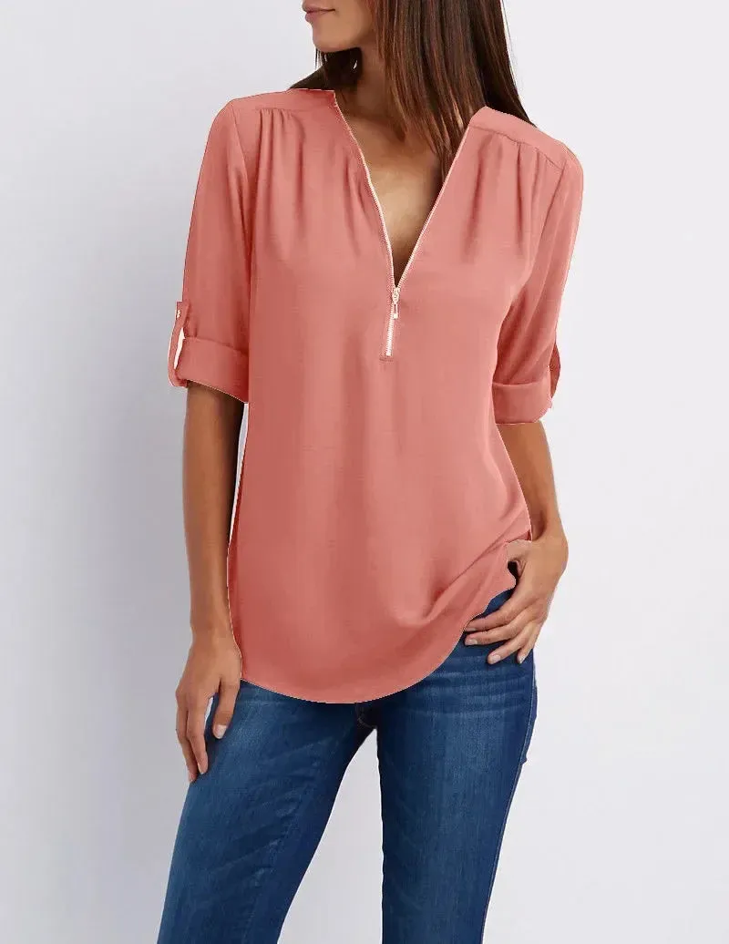 Ivyshape | Casual V-Neck Front Zip-Up Blouse for Women