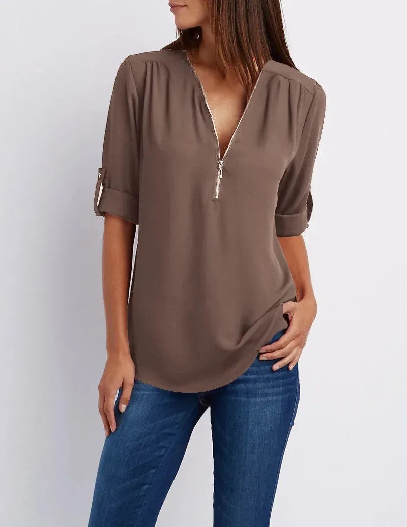Ivyshape | Casual V-Neck Front Zip-Up Blouse for Women