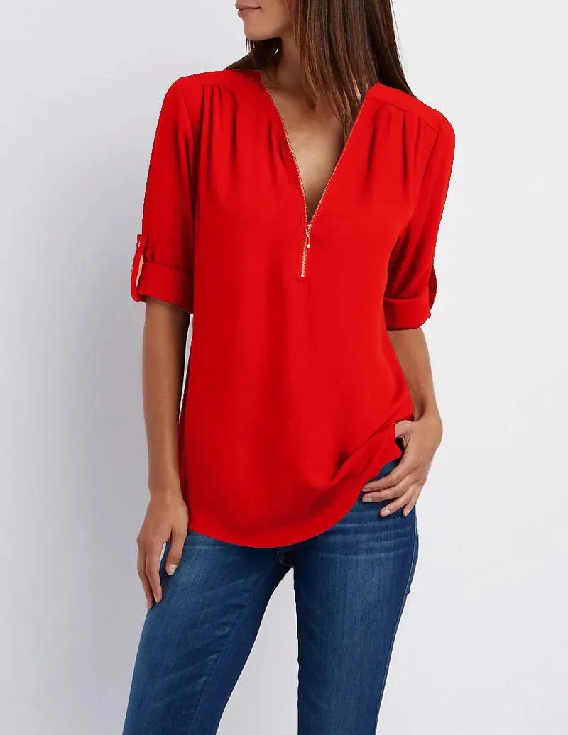 Ivyshape | Casual V-Neck Front Zip-Up Blouse for Women